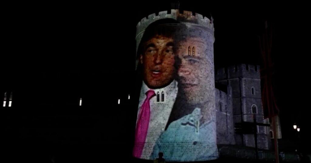 Trump and Jeffrey Epstein images projected on Windsor Castle